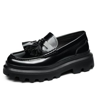 Generic Mens Slip on Platform Loafers Round Toe Patent Leather Office Dress Shoes Low Block Heel Casual Shoes with Tassel,Black,6.5 UK