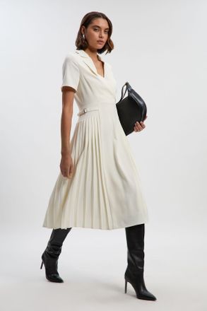 Karen Millen Womens Tailored Crepe Pleated Midi Shirt Dress - White - Size 6 UK