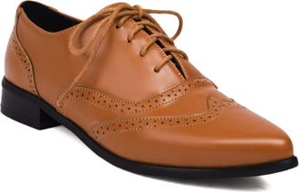 Generic Womens Oxford Brogues Lace Up Pointed Toe Low Block Heel Perforated Trim Smooth Upper Dress Shoes Comfortable for Fashion Party,Brown,7.5 UK