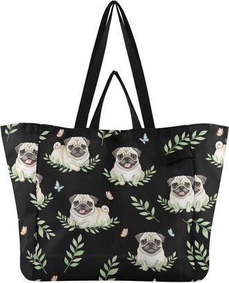 Generic Bulldog Leaves Black print Reusable Canvas Tote Bag, Heavy Duty Grocery Shopping Bag with Double Handles Large Capacity Hard Bottom Work Groceries Tra