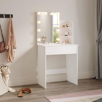 Elegant Lighting Elegant - Dressing Table with Mirror and led Light, Three-colour Mode, Makeup Desk with Drawers for Bedroom, Including Stool, 70x40x140cm White