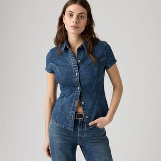 Levi's Short Sleeve Shaped Denim Shirt - Womens - XS - Dark Wash / Denim Is Life