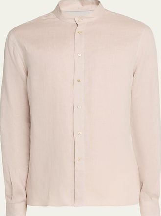 Brunello Cucinelli Mens Linen and Cotton Band Collar Button-Down Shirt