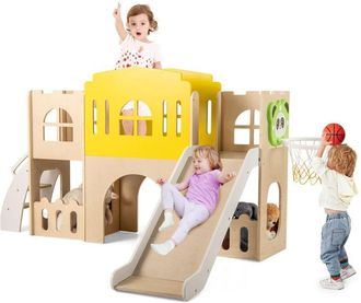 Costway 7 in 1 Set da Scivolo per Bambini, Parco Giochi in Legno Interno ed Esterno con Arrampicata Canestro da Basket Corridoio Tunnel, Forma di