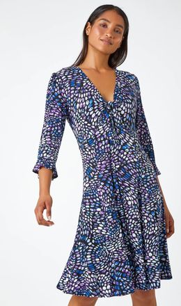 Roman Mosaic Print Frill Hem Stretch Dress