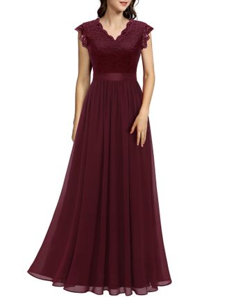 Dressystar Party Ball Gown Wedding Long Red Bridesmaid Dress for Women - Lace Floral Festival Burgundy, 2XL