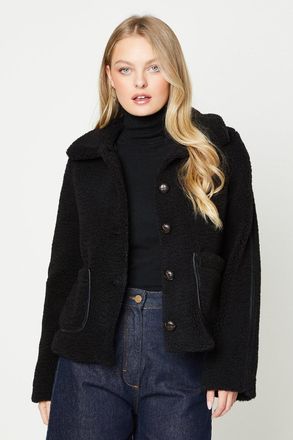 Oasis Womens Teddy Shearling Button Through Short Jacket - Black material_polyester - Size 8 UK