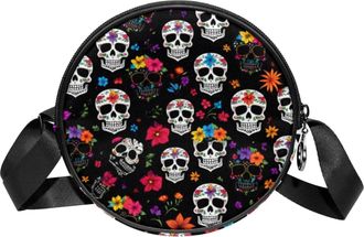 Generic Circle Crossbody Bag for Women, Sugar Skull Florals Small Sling Bag Daypack with Zipper Adjustable Shoulder Straps Casual Ladies Girls Round Purse