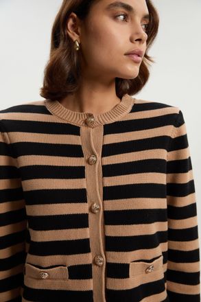Karen Millen Womens Cotton Knit Nautical Boxy Stripe Jacket - Beige - Size X-Small
