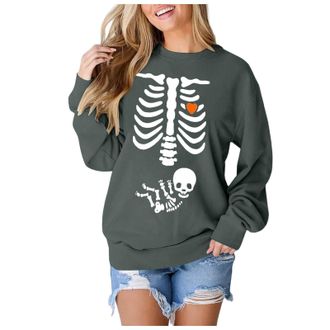 Generic Hoodies Jumpers for Women UK Womens Fashion Hoodies Halloween Sweatshirt X-Ray Skeleton Maternity Sweatshirt Funny Pregnancy Announcement Crewneck Pul