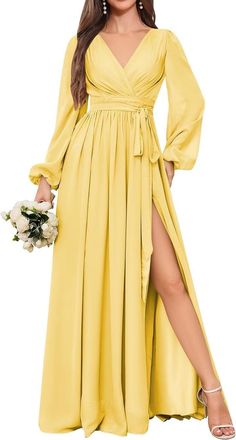 Generic Yellow Bridesmaid Dresses for Women with Slit Long Sleeve Formal Party Gown A Line Chiffon Maid of Honor UK18W