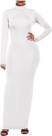 Generic Womens Sexy Spring and Autumn Long Sleeve Tight Long Skirt Elastic Slim high Collar Dress Casual 2025 Fashion (White,XXL)