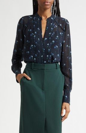 Veronica Beard Rennon Floral Pleat Detail Top in Navy Multi at Nordstrom, Size 10