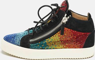 Giuseppe Zanotti Black Suede Rainbow Crystal Embellished Doris Bnib Sneakers