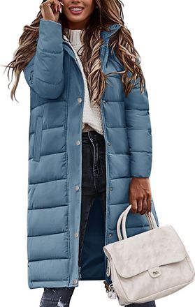 Heekpek Tuopuda Women Winter Quilted Puffer Coat Lightweight Long Down Hooded Jacket Zip Up Warm Winter Parka Coat Side Split Windproof Outerwear with Pockets