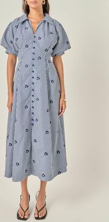 English Factory Embroidered Gingham Shirt Midi Dress in Navy at Nordstrom, Size X-Small