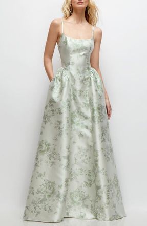 The Dessy Group Floral Sleeveless Satin Ballgown in Sage Cottage Rose at Nordstrom, Size 18