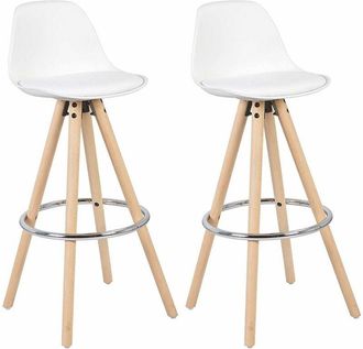 Woltu Sgabelli da Bar Sedia Cucina con Schienale Tessuto di Lino Gambe Legno 2PZ Bianco Ecopelle - Woltu