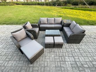 Fimous Patio Garden Furniture Sets Wicker 10 Seater Outdoor Rattan Furniture Sofa Sets with Rectangular Coffee Table Reclining Chair in Dark Grey