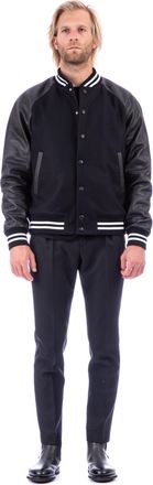 Pantaloni Torino Bimaterial Leather-Wool Jacket with Baseball Collar