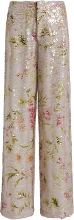 Alberta Ferretti High-Waisted Wide-Leg Pants with Floral Sequin Embellishments
