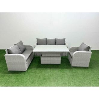 Fimous Patio pe Wicker 6 Seater Outdoor Rattan Furniture Sofa Sets with Adjustable Lifting Dining or Coffee Table Reclining Chair Loveseat Sofa 3 Seater