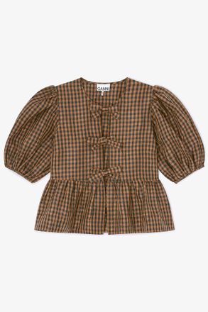Ganni Crinkled Check Blouse - Size 34 Brown