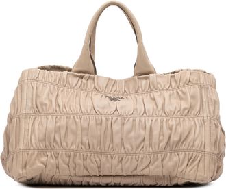 Prada Pre-owned Womens Bauletto Leather Ruched Tote - Tan - One Size