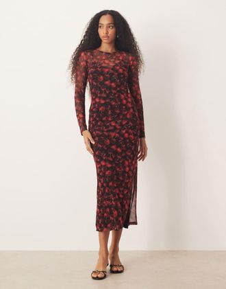 Never Fully Dressed Vestito midi in rete con stampa di ciliegie rosse-Rosso