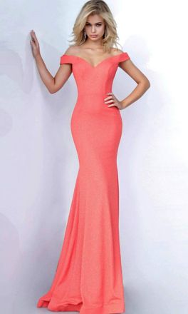 Jovani Off Shoulder Jersey Mermaid Gown In Orange
