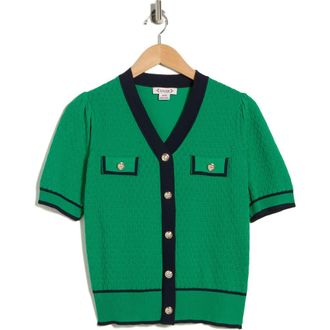 Nanette Lepore Preppy Pointelle Short Sleeve Sweater in Green/Navy at Nordstrom Rack, Size X-Large