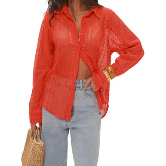 Generic Womens Lace Sheer Button Down Shirt - Long Sleeve Boho Cover Up Top for Vacation, Party & Daily Wear (Orange Red, L)