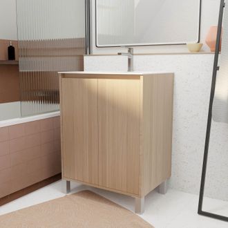Aurlane Pack Mueble De Ba&ntilde;o 60 Cm Roble Claro 2 Puertas Con Lavabo De Cer&aacute;mica