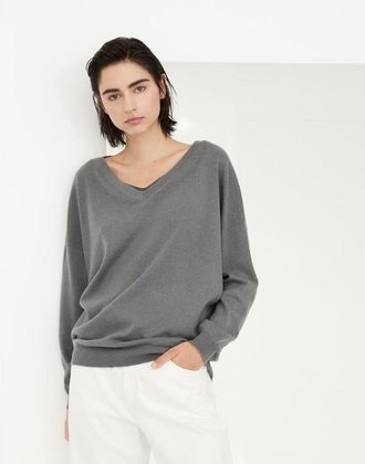Brunello Cucinelli Grey Wool V Neck Sweater, Size Medium