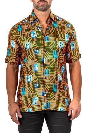 Maceoo Galileo Marthy Short Sleeve Button-Up Shirt in Yellow at Nordstrom, Size 4