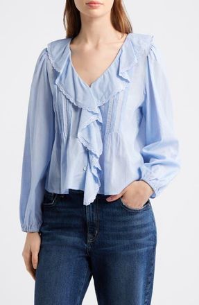 Madewell Lace Insert Ruffled Pintuck Long Sleeve Top in Tranquil Blue at Nordstrom, Size Xx-Small