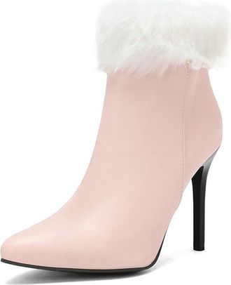Generic Womens Winter Faux Fur Dressy Ankle Boots Pointed Toe Zipper Stiletto Heels Pumps Winter Casual Party Shoes (Pink,8.5)