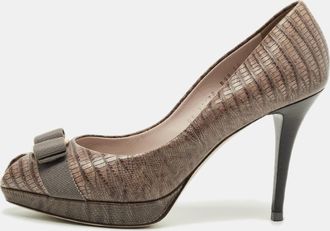 Ferragamo Brown Karung Leather Vara Bow Peep Toe Pumps