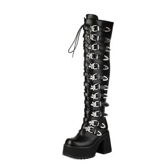 Generic Womens Lace Up Thigh High Boots with Zipper Chunky High Heel Platform Long Boot Round Toe Over The Knee Boots,Black1,5.5 UK