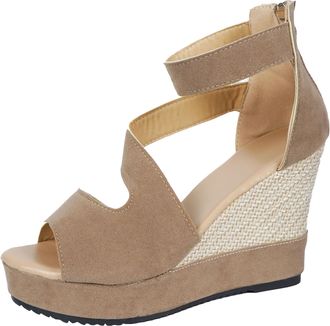 Generic Low Wedge Sandal For Women Open Toe Cutout Straps Espadrille Wedge Ladies Faux Suede Elegant Round Toe Sandals With Back Zipper For Summer