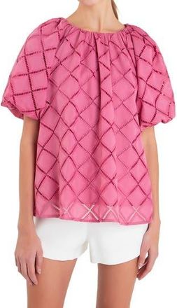 English Factory Embroidered Tie Back Puff Sleeve Top in Berry Pink at Nordstrom Rack, Size X-Small