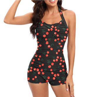 Generic One Piece Swimsuit for Women Halter Neck Swimwear Ruched Tummy Control Swimming Costume Boyleg Swimsuits One Piece Modest Swimwear Ladies Swimming Cos