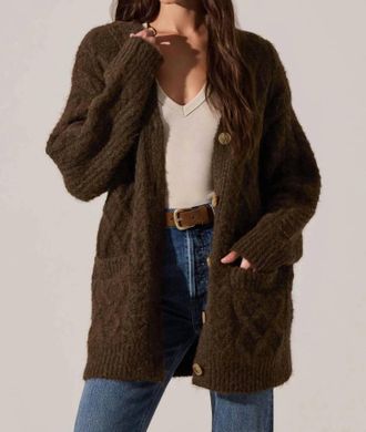Astr Charli Cable Knit Cardigan Sweater In Brown
