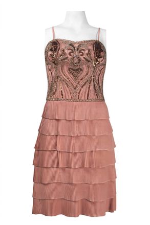 Sue Wong Spaghetti Strap Beaded Accordion Dress In Sandalwood