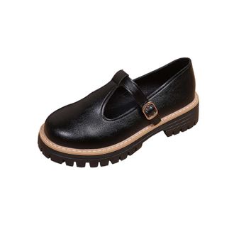 Generic Womens Loafers Chunky Heeled Loafer Shoes Round Toe Solid Color Non-Slip Comfortable Classic Casual Walking Shoes with Buckle Strap Work Leisure Black