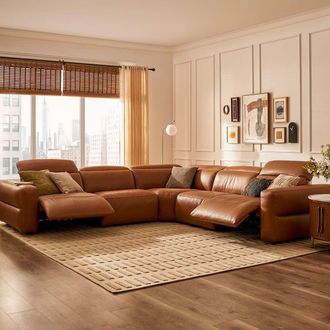 Castlery Modular Leather L-Shaped Sectional Slim Arm Sofa with Feather Filled Seats - Brown | Jaron by Castlery