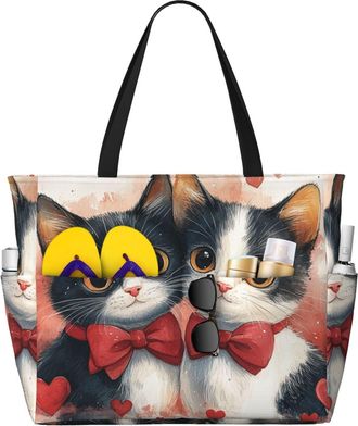 Generic Love Hearts Cats Print Large Beach Bag Foldable Travel Shoulder Tote Bag With Pocket For Weekender Pool Vacation