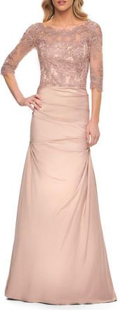 La Femme Satin and Lace Off the Shoulder Mermaid Gown in Champagne at Nordstrom, Size 14