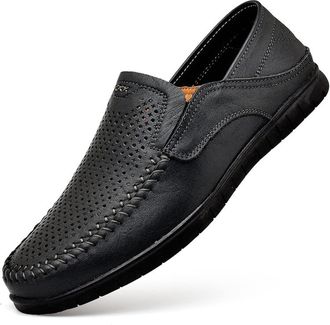 Generic Mens Loafers Genuine Leather Round Toe Stitching Details Perforated Option Breathable Flat Heel Slip Resistant Comfortable Wedding Prom Slip-ons(Black
