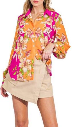 Flying Tomato Floral Print Button-Up Shirt in Orange Fuchsia at Nordstrom Rack, Size Medium